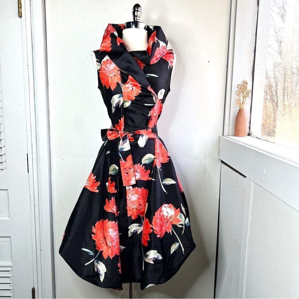 Samuel Dong Black Red Bold Floral Cocktail Bubble Dress